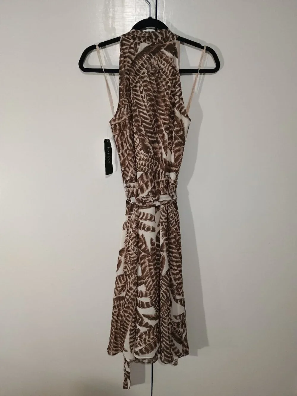 Lauren Ralph Lauren Feather Print Halter Dress Size 6 NWT Brown Ivory Wrap Tie W - Picture 3 of 8